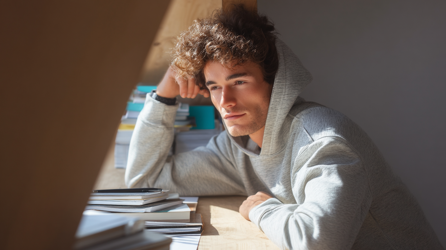 Student Leo ist während der Prüfungszeit angespannt und hält seine Konzentration mit BASE und CALM von Fifty Five.