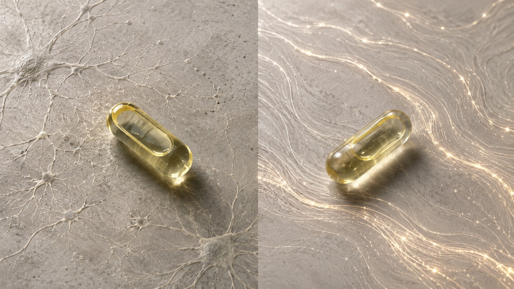 Zwei transparente HPMC Liquid-Caps mit Algenöl vermitteln den Unterschied zwischen DHA und EPA.