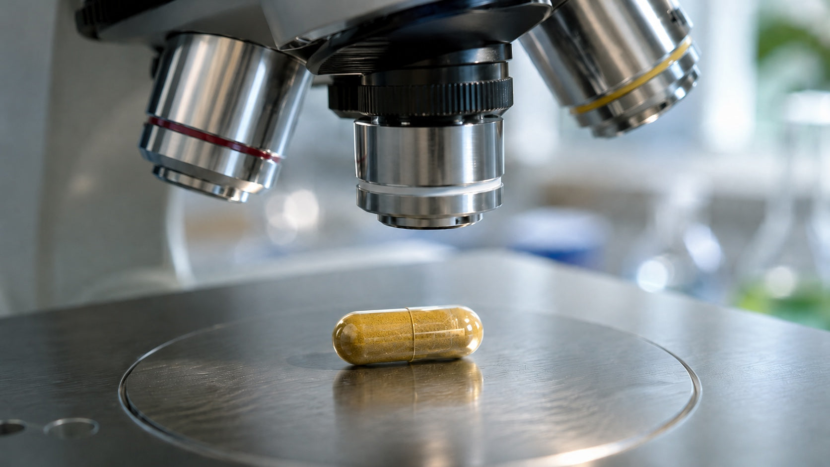 Transparente Multivitamin-Kapsel mit senffarbenem Pulver liegt unter einem Mikroskop als Symbol für Qualitätsprüfung und Rohstoffkontrolle.