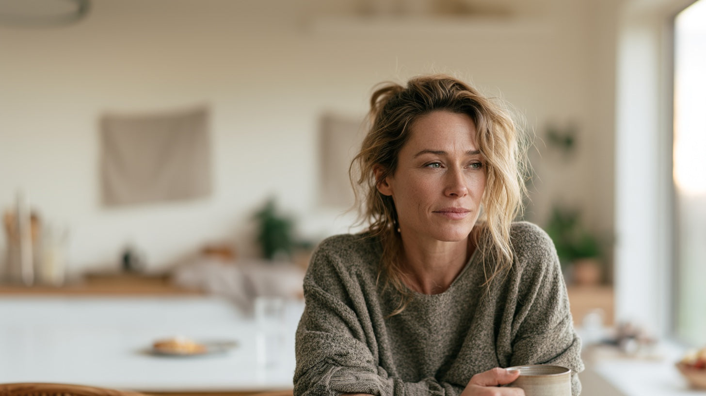 Frau Anfang 40 mit Tasse Tee in heller Küche als ruhiger Moment einer bewussten Morgenroutine.