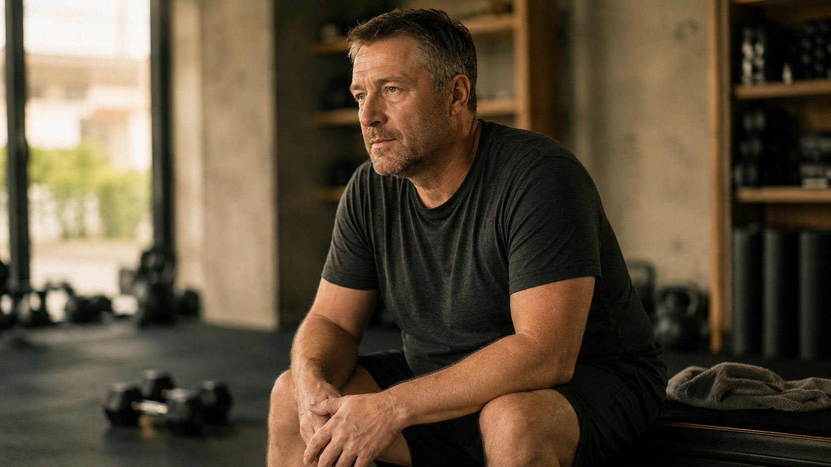 Andreas, 46, sitzt nach dem Krafttraining verschwitzt auf einer Trainingsbank in einem modernen Fitnessstudio.