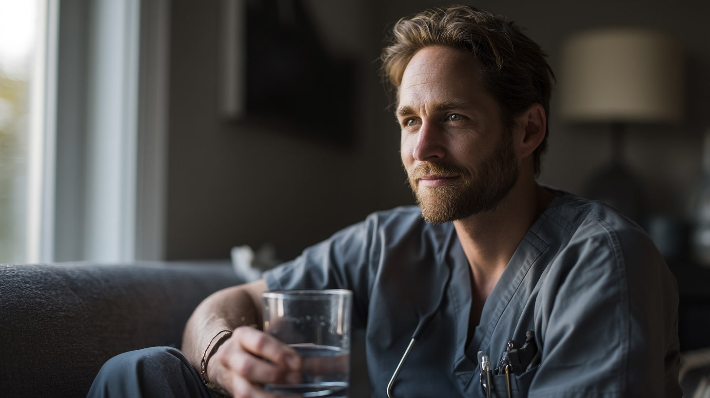 Ben ist Krankenpfleger und erholt sich nach einer langen Schicht mit CALM von Fifty Five.