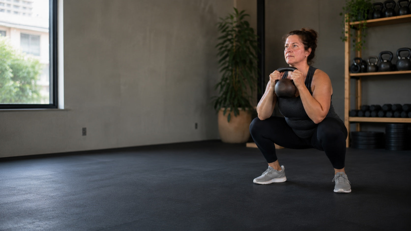 Frau mittleren Alters bei einem Goblet Squat mit Kettlebell in einem modernen Fitnessstudio.