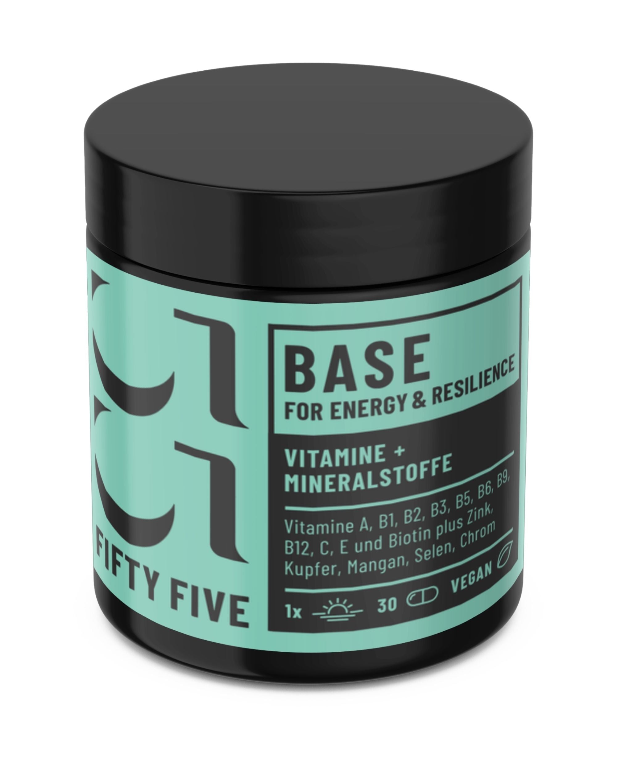BASE Multivitamin- und Mineralstoffkomplex von Fifty Five im Braunglas mit schwarzem Deckel aus schrägen Winkel