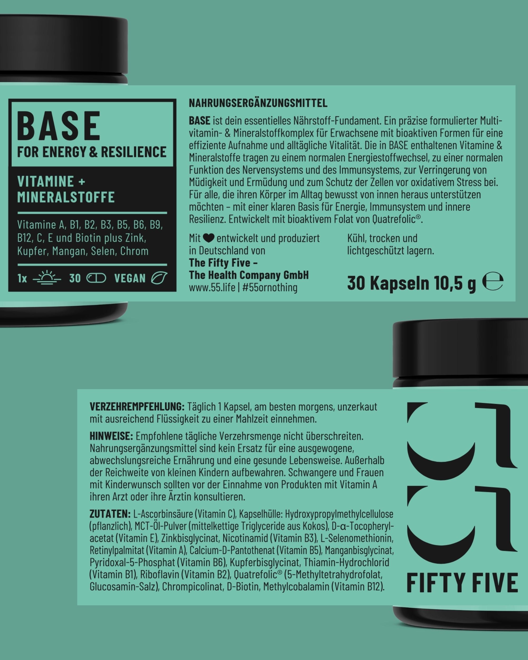 BASE Multivitamin- und Mineralstoffkomplex von Fifty Five Etikett im Detail