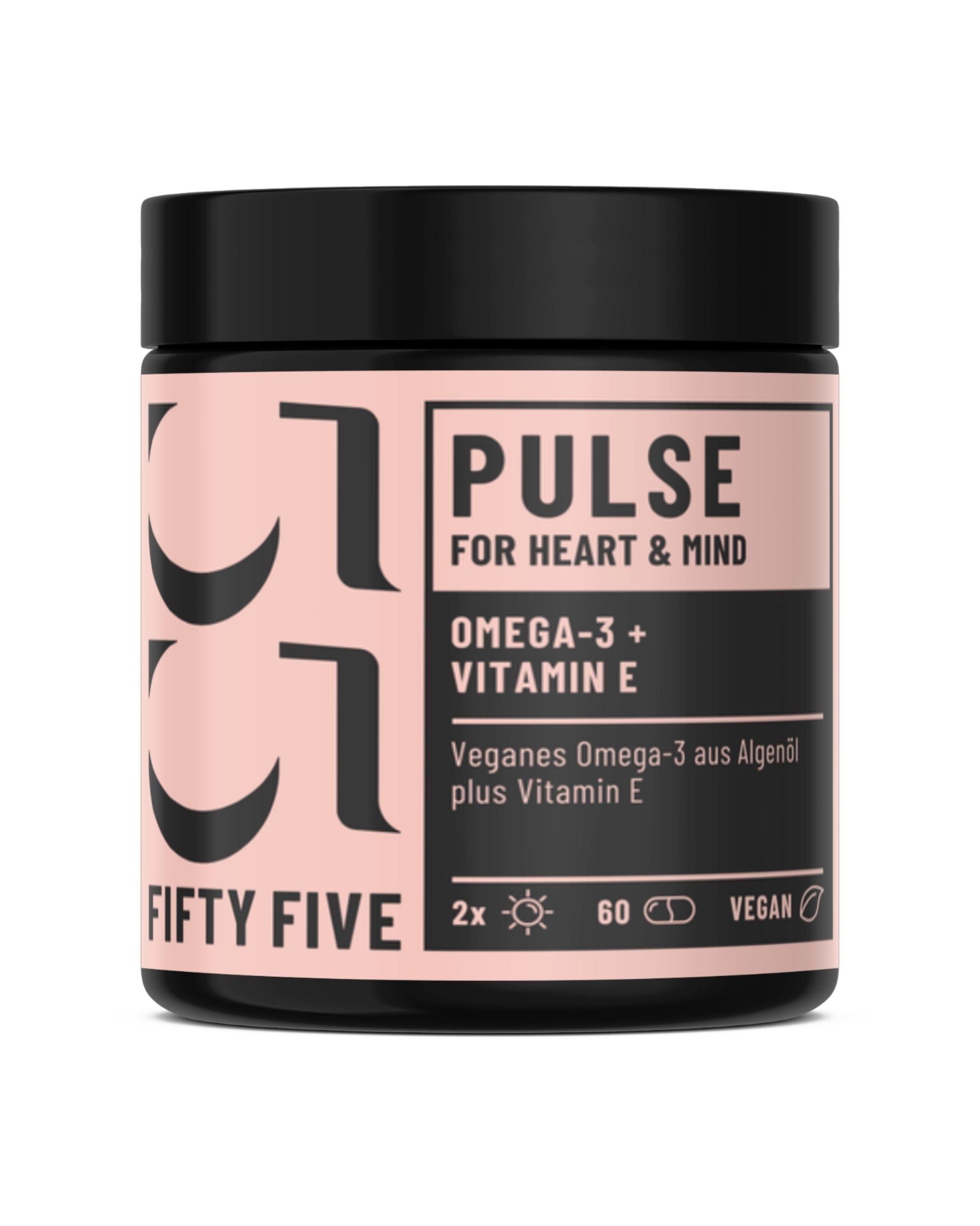 PULSE veganes Omega-3 plus Vitamin-E von Fifty Five in braunem Glastiegel mit schwarzem Deckel