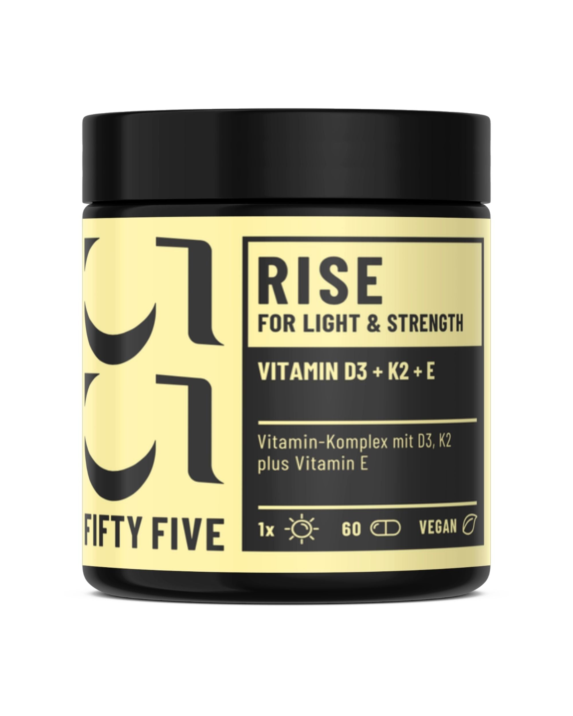 RISE Vitamin D3, K2 plus Vitamin-E von Fifty Five in braunem Glastiegel mit schwarzem Deckel