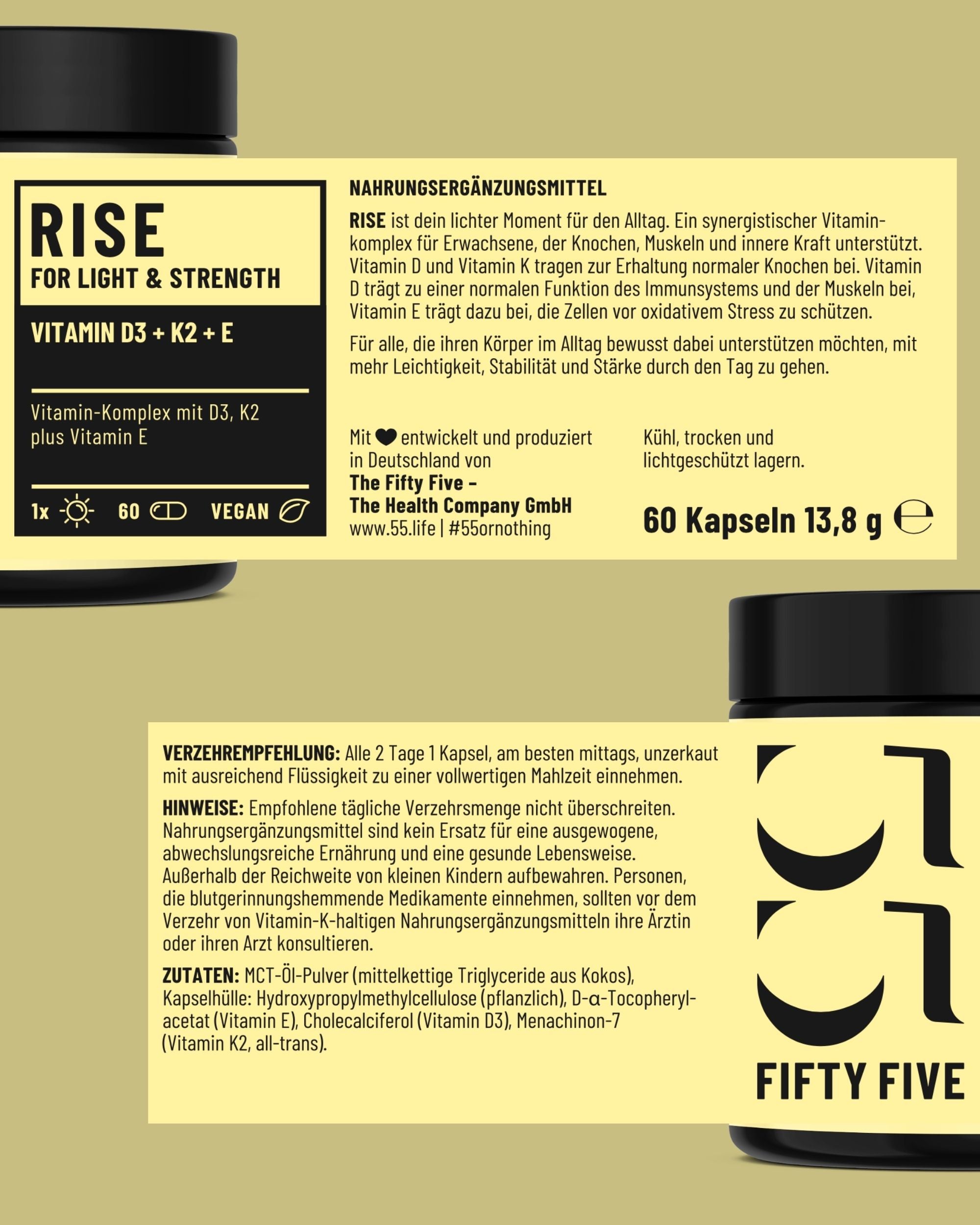 RISE Vitamin D3, K2 plus Vitamin-E von Fifty Five Etikett im Detail
