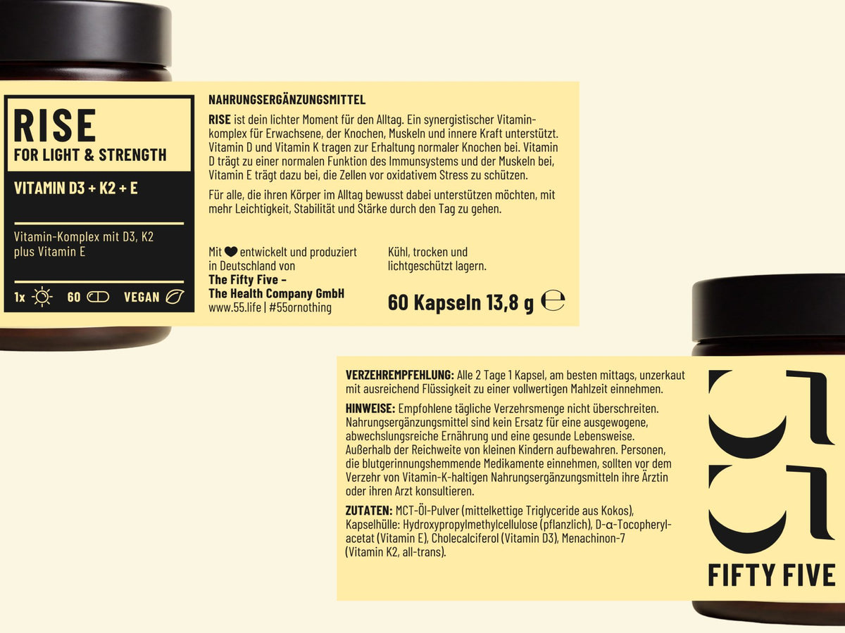 Etikett von Fifty Five RISE mit Produktbeschreibung, Zutaten und Verzehrempfehlung