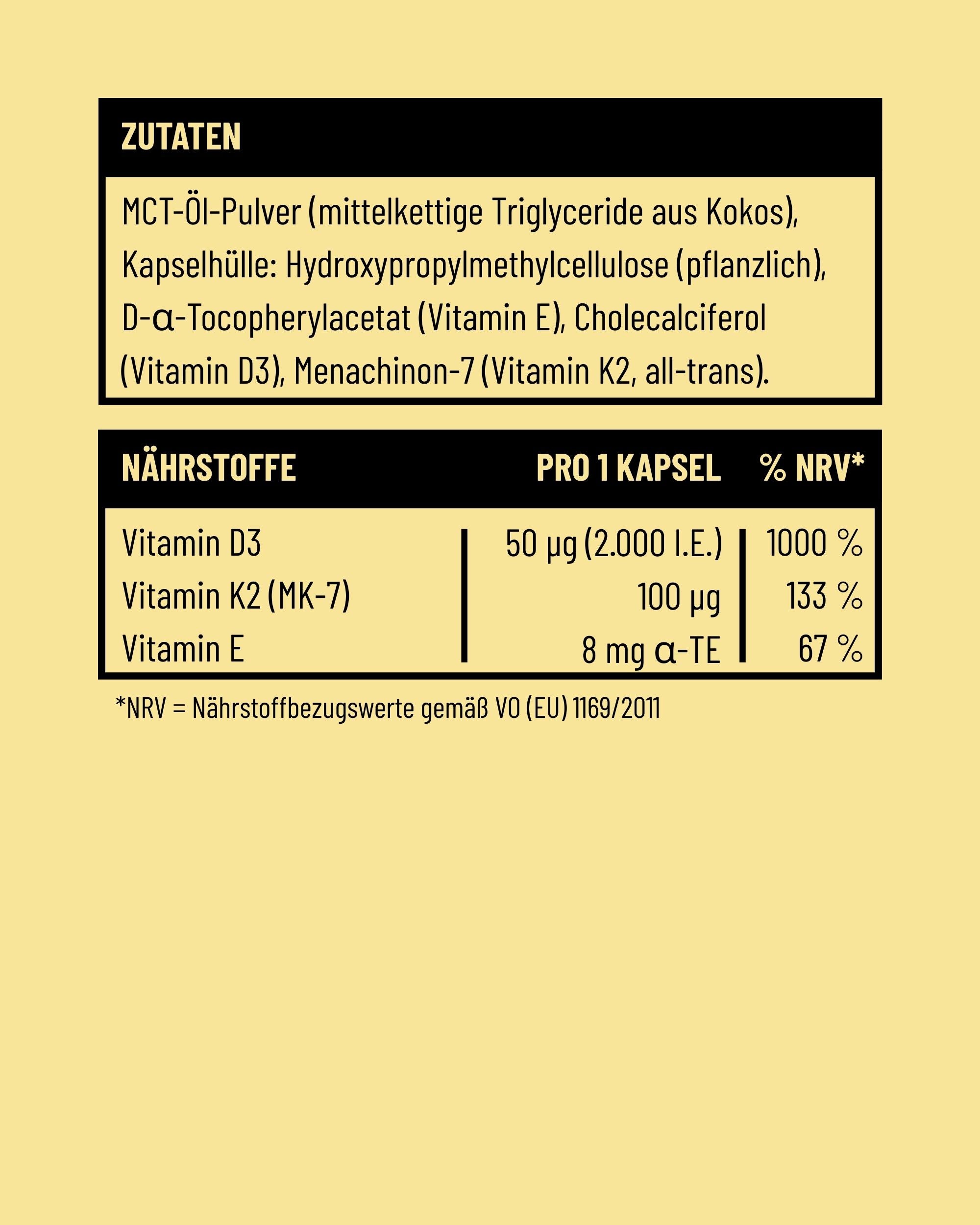 RISE Vitamin D3, K2 plus Vitamin-E von Fifty Five Nährwerttabelle pro Tagesportion