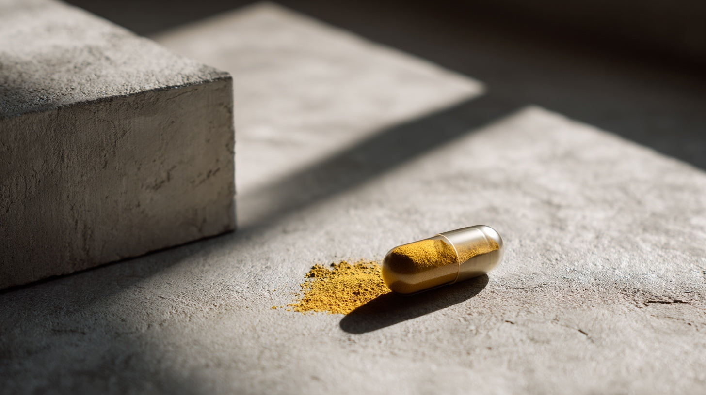 Eine transparente BASE Multivitamin-Kapsel mit leuchtend gelbem Pulver auf grauem Stein als Symbol für ein stabiles Mikronährstoff-Fundament.