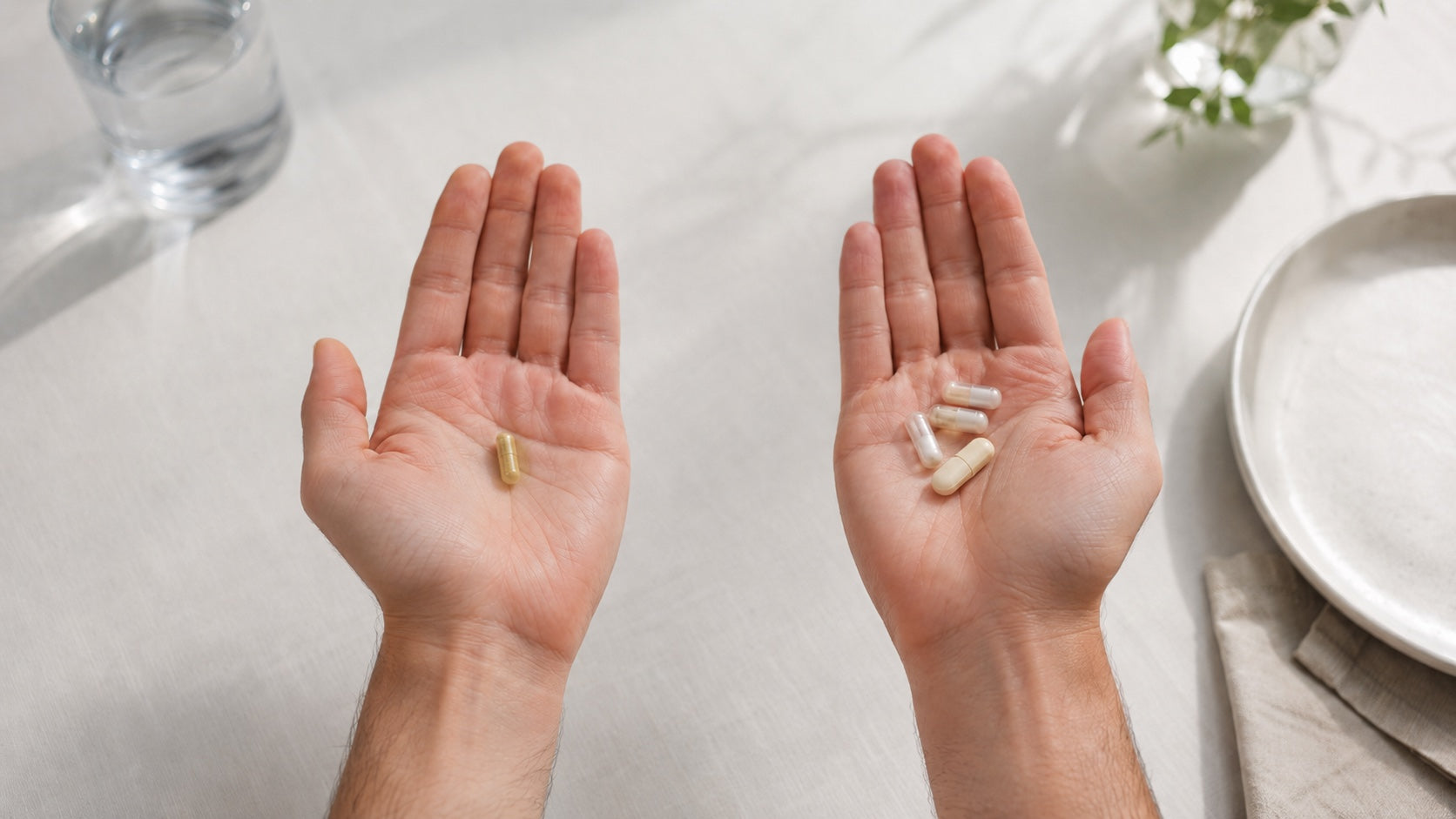 Zwei offene Hände über einem weißen Tisch zeigen links eine einzelne Multivitamin-Kapsel und rechts mehrere unterschiedliche Einzelpräparate.