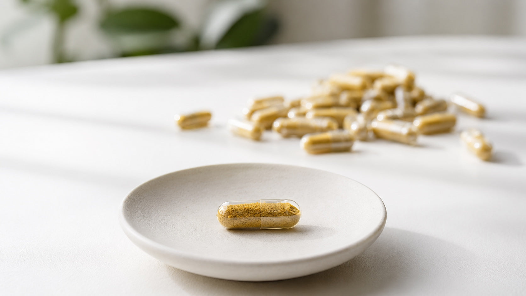 Einzelne transparente Multivitamin-Kapsel mit senffarbenem Pulver auf einem Keramikteller, während unscharf im Hintergrund weitere Kapseln ungeordnet auf einem weißen Tisch liegen.