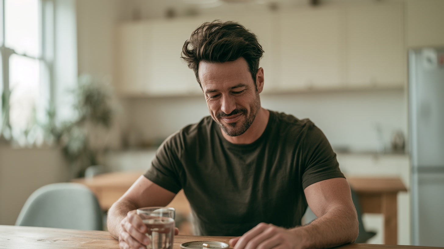 Mann Ende 30 sitzt morgens am Küchentisch mit Glas Wasser und Multivitamin Kapsel als Teil seiner täglichen Routine.