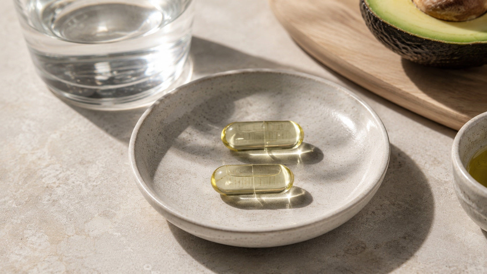 Zwei transparente Omega-3 HPMC Liquid-Caps auf einem Keramikteller mit Glas Wasser und Avocado.