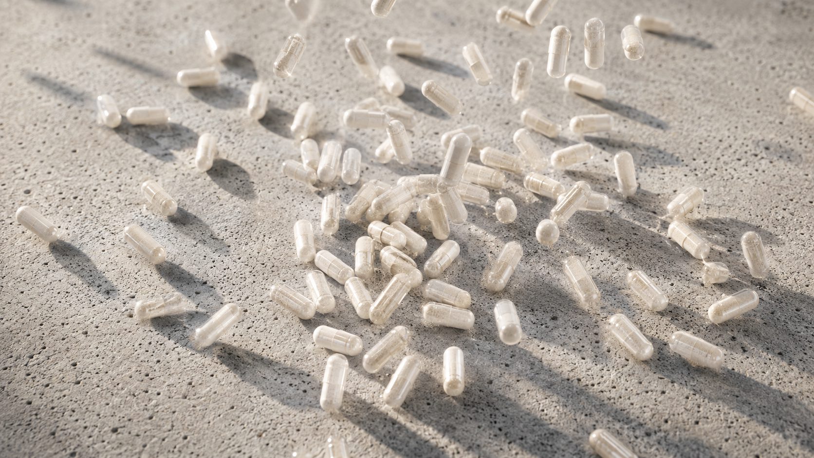 Viele transparente Vitamin-D Micro-Kapseln mit weißem Pulver fallen auf porigen Beton als Symbol für Überdosierung.