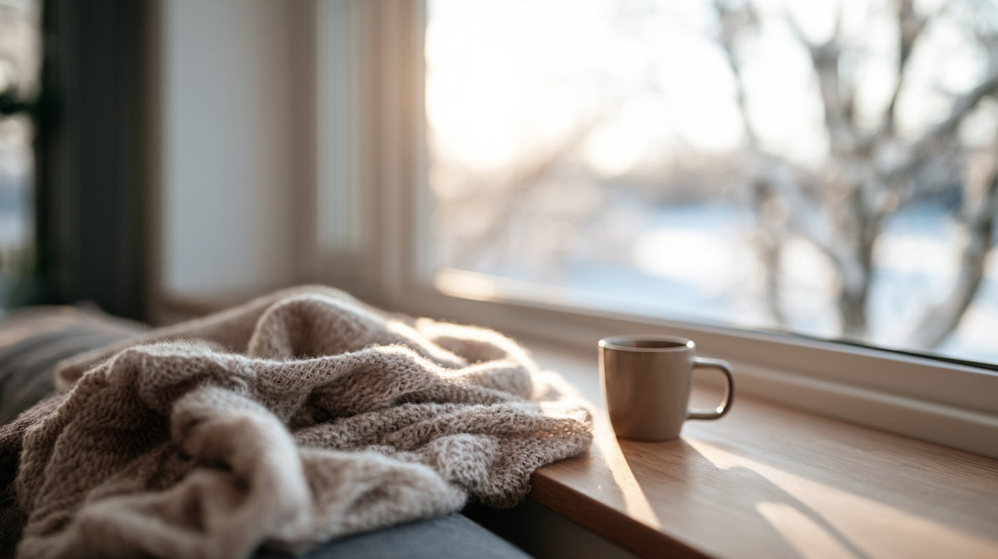 Winterliche Fensterlandschaft mit tief stehender Sonne als Symbol für Vitamin-D-Bildung im Winter.