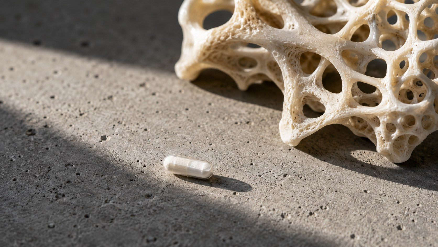 Kleine transparente HPMC Micro-Kapsel mit weißem D3/K2+E Pulver auf grauem porigem Beton neben knöcherner Struktur im langen Sonnenlicht.