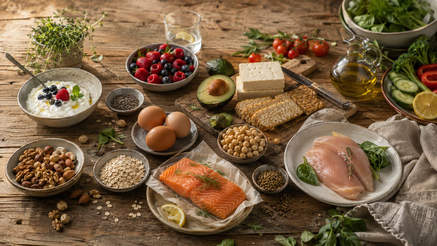 Proteinreiche und nährstoffreiche Lebensmittel wie Lachs, Hähnchen, Eier, Skyr, Tofu, Tempeh, Hülsenfrüchte, Beeren, Haferflocken, Avocado, Nüsse und Gemüse auf einem rustikalen Holztisch.