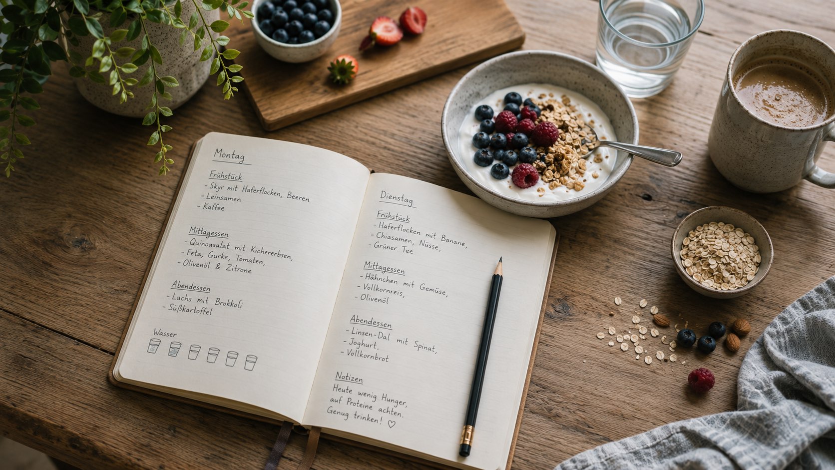 Offenes Ernährungstagebuch mit handschriftlichen Mahlzeiten auf Deutsch neben Skyr mit Beeren, Haferflocken, Wasser und Kaffee auf einem Holztisch.