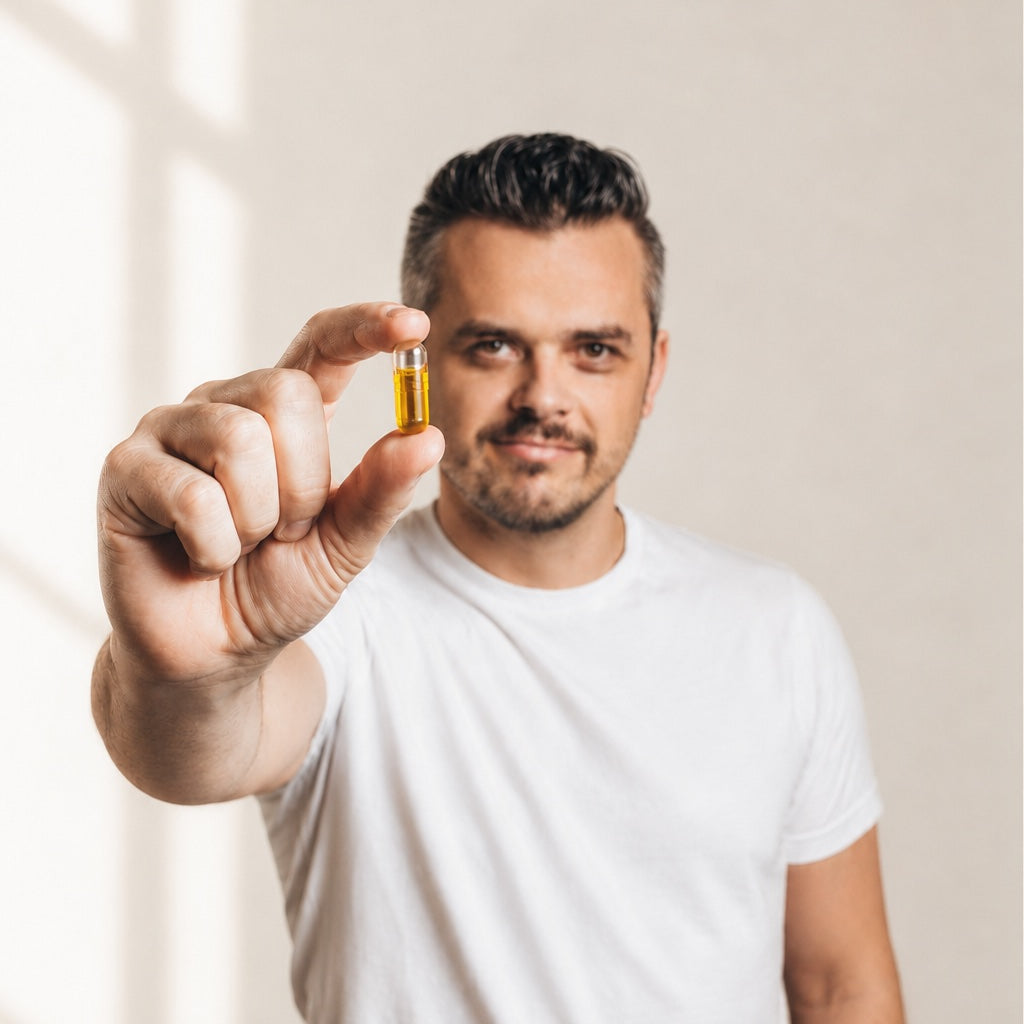 Georg, the founder of Fifty Five is holding a liquid capsule of vegan Omega-3 between his thumb and index finger