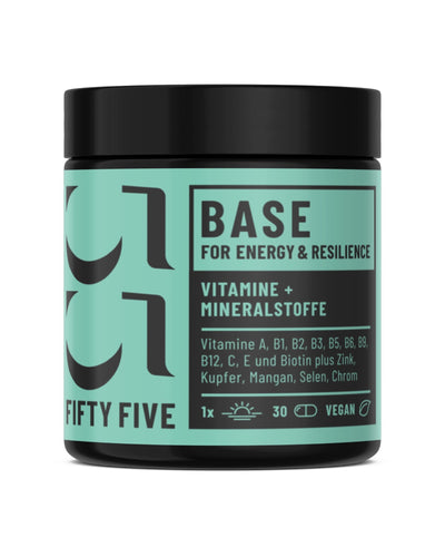 BASE Multivitamin- und Mineralstoffkomplex von Fifty Five in braunem Glastiegel mit schwarzem Deckel
