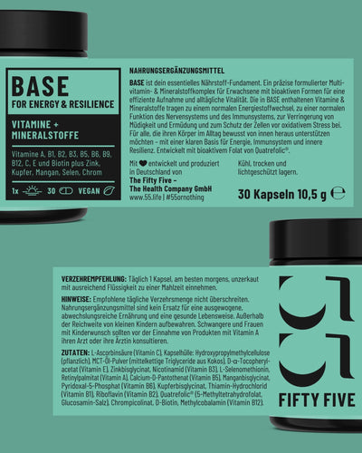 BASE Multivitamin- und Mineralstoffkomplex von Fifty Five Etikett im Detail