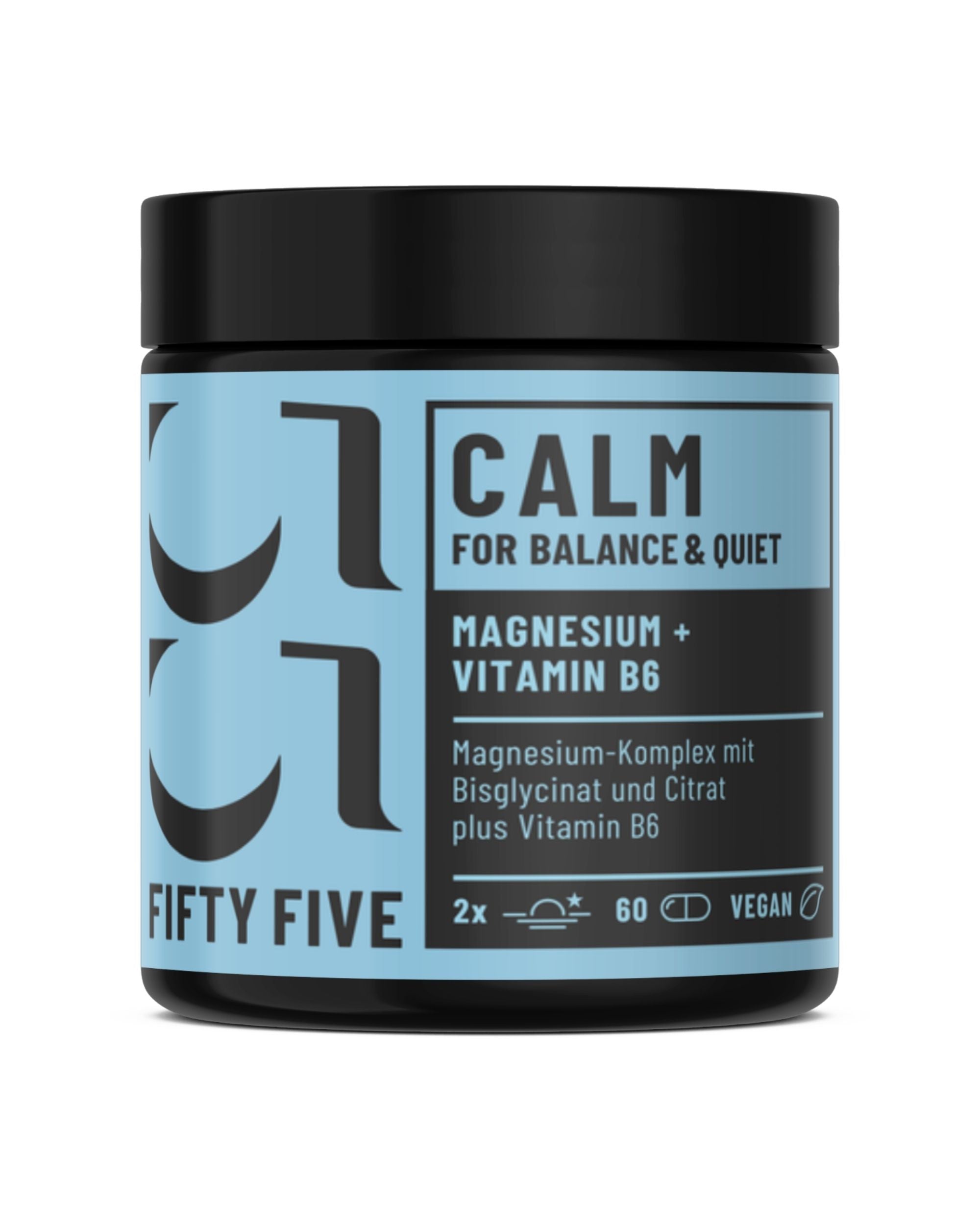 CALM Magnesiumkomplex mit Vitamin-B6 von Fifty Five in braunem Glastiegel mit schwarzem Deckel