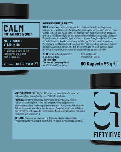 CALM Magnesiumkomplex mit Vitamin-B6 von Fifty Five Etikett im Detail