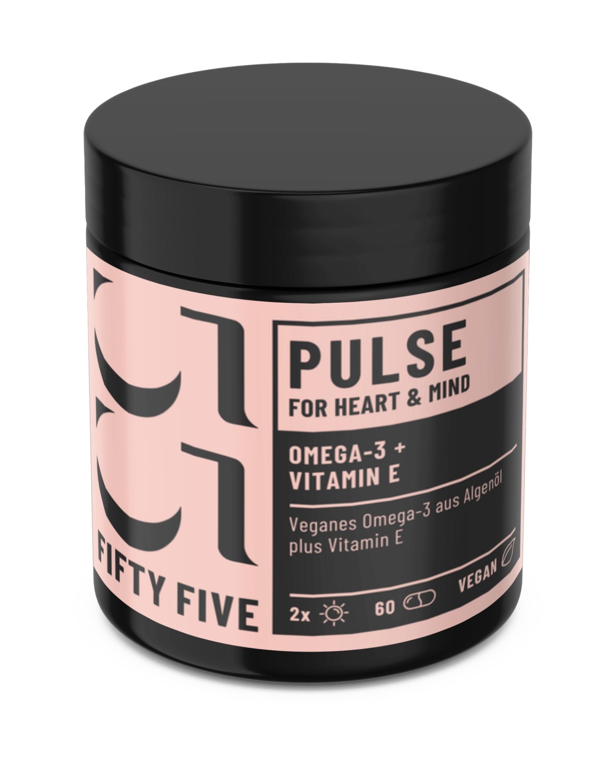 PULSE veganes Omega-3 plus Vitamin-E von Fifty Five in braunem Glastiegel mit schwarzem Deckel aus schrägem Winkel