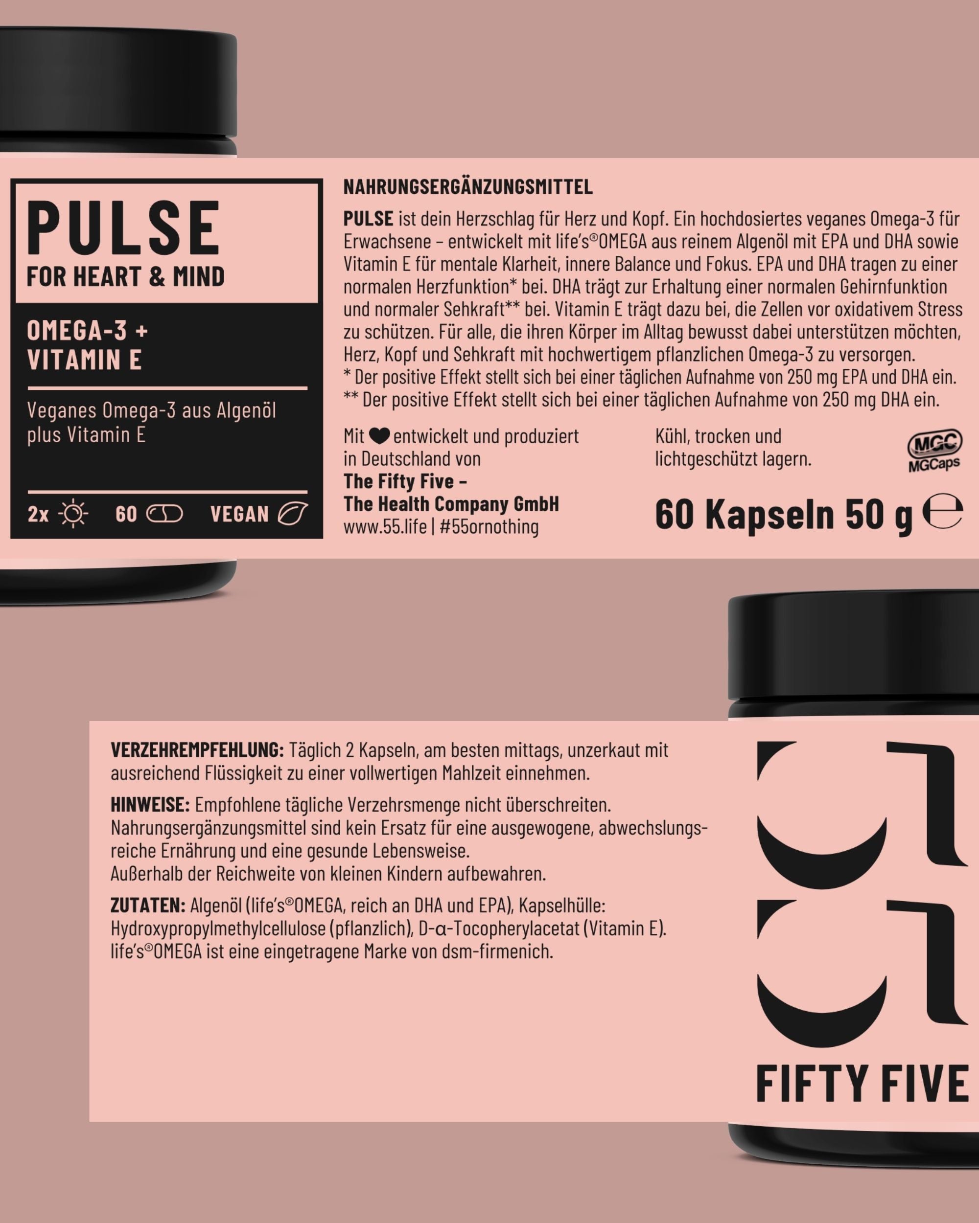 PULSE veganes Omega-3 plus Vitamin-E von Fifty Five Etikett im Detail