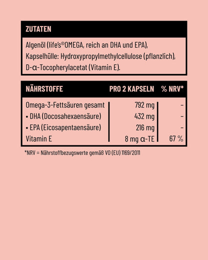 PULSE veganes Omega-3 plus Vitamin-E von Fifty Five Nährwerttabelle pro Tagesportion