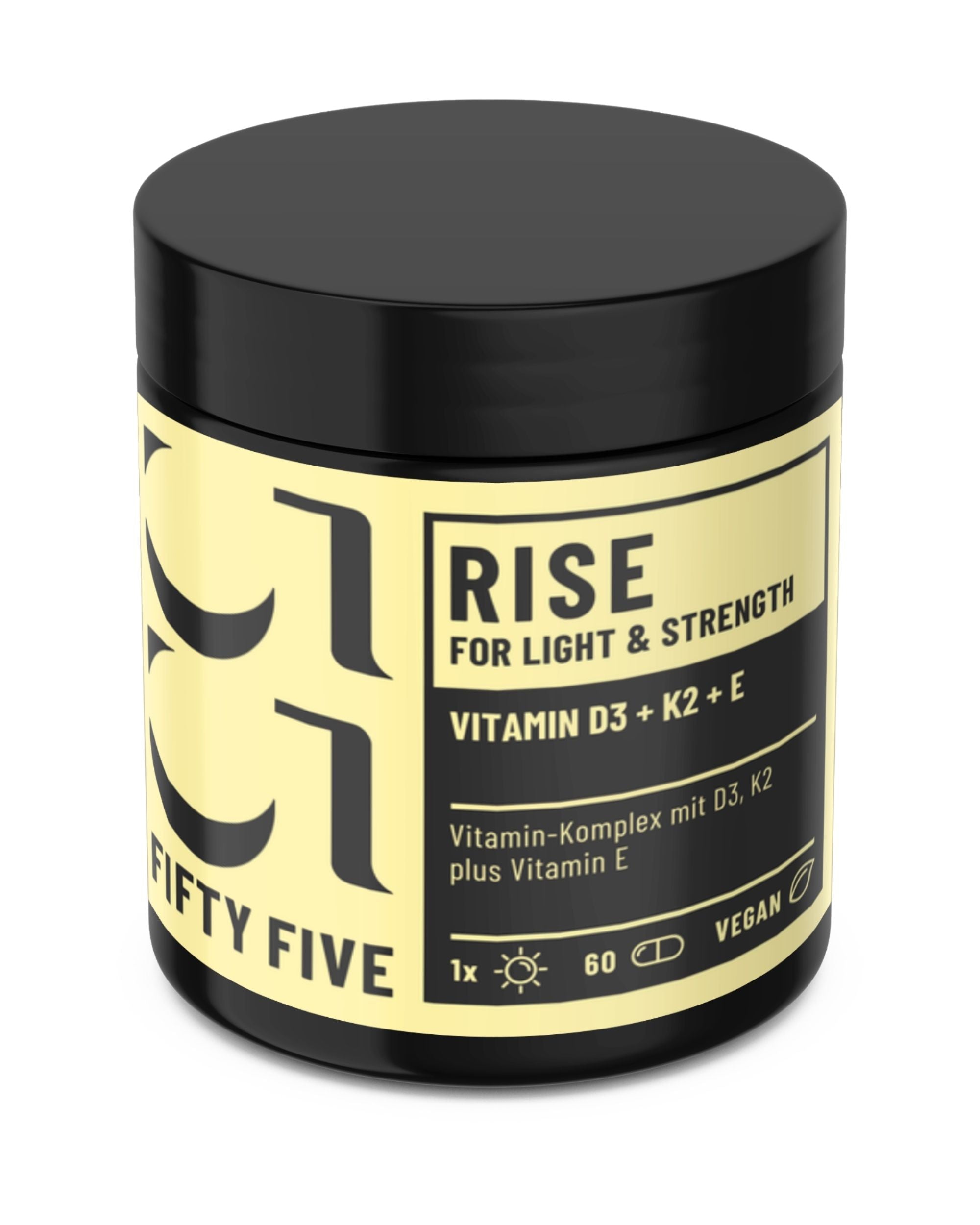 RISE Vitamin D3, K2 plus Vitamin-E von Fifty Five in braunem Glastiegel mit schwarzem Deckel aus schrägem Winkel