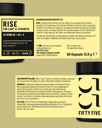 RISE Vitamin D3, K2 plus Vitamin-E von Fifty Five Etikett im Detail