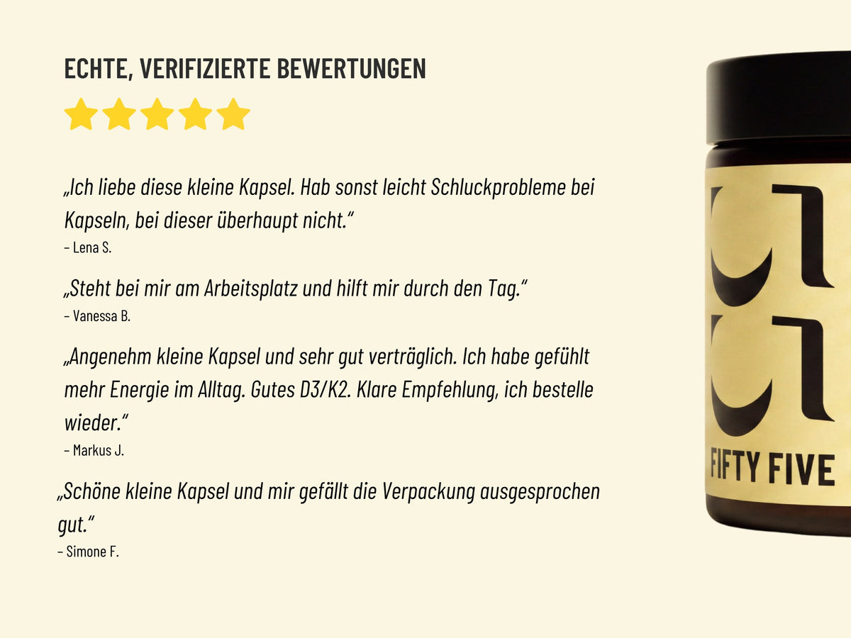 Kundenbewertungen zu Fifty Five RISE Vitamin D3 und K2 neben dem Produktglas
