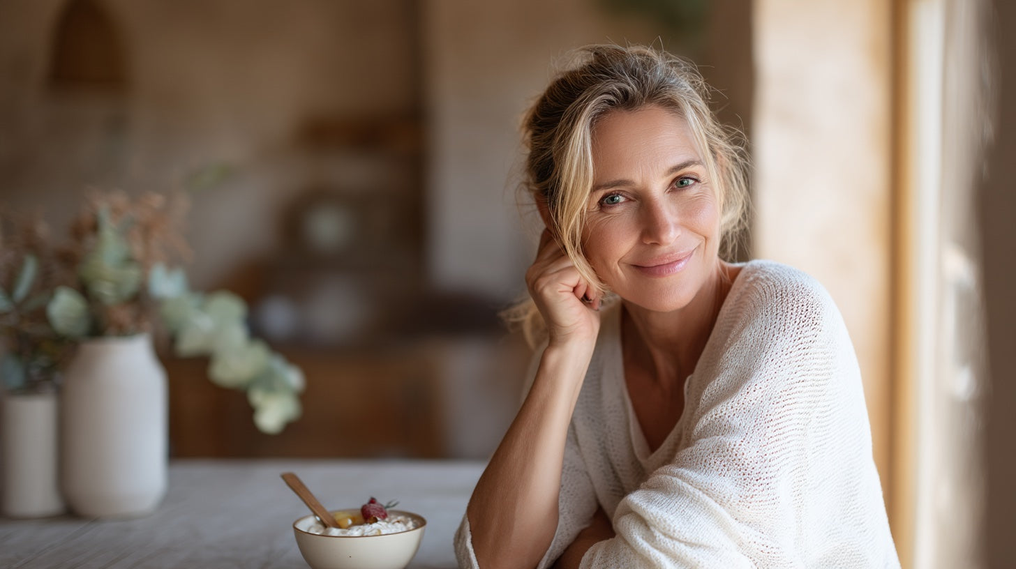 Eine gesunde Frau Mitte 40 sitzt entspannt an einem Küchentresen bei Tageslicht